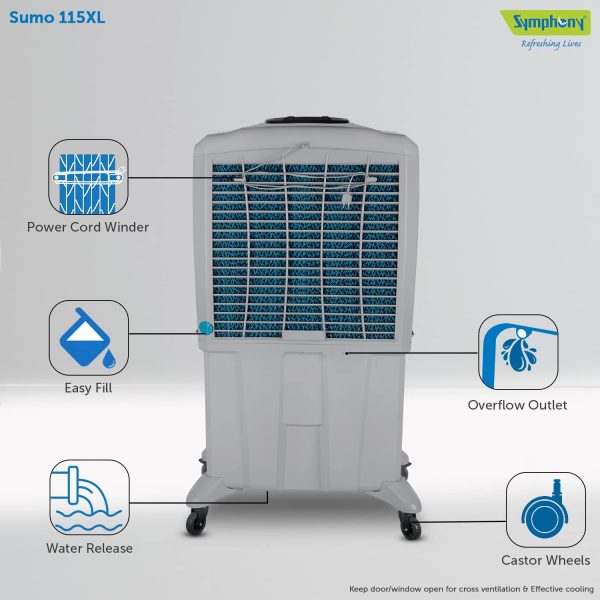 Symphony Sumo 115XL, Desert Air Cooler with Honeycomb Pad and Inverter Compatibility, Grey