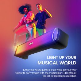 AKAI SB-20, 20 Watt Bluetooth Stereo Soundbar with Multicolour LED Light, Supporting BT V5.0, USB, SD Card, AUX, FM and 2000mAh Inbuilt Battery, Black