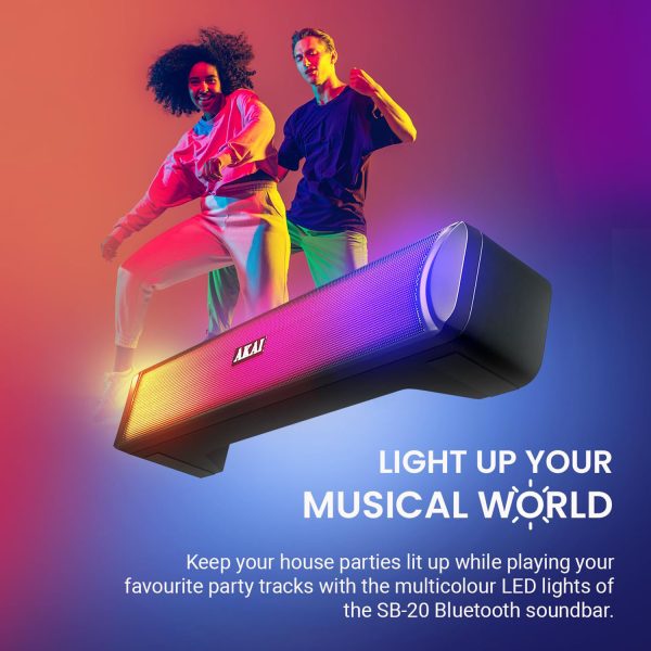 AKAI SB-20, 20 Watt Bluetooth Stereo Soundbar with Multicolour LED Light, Supporting BT V5.0, USB, SD Card, AUX, FM and 2000mAh Inbuilt Battery, Black
