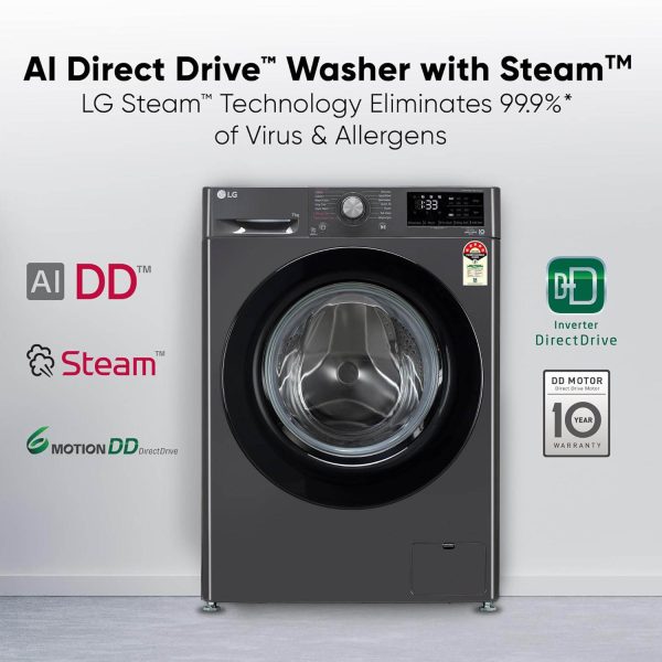 LG FHV1207Z2M, 7 KG 1200 RPM Front Load with AI 6 Motion Direct Drive and Steam, Black
