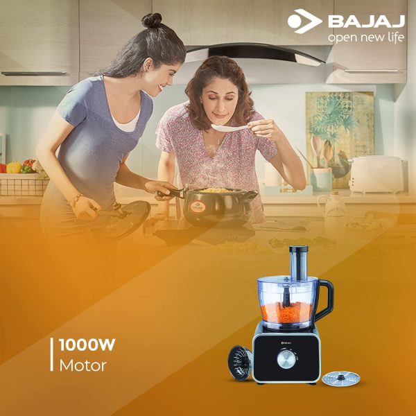 Bajaj FX-1000 Dlx, 1000 Watts Food Processor And Mixer Grinder With 9 Attachments, 100% Copper Motor, Processing Bowl With 3 Jars, Safety Interlock, Black