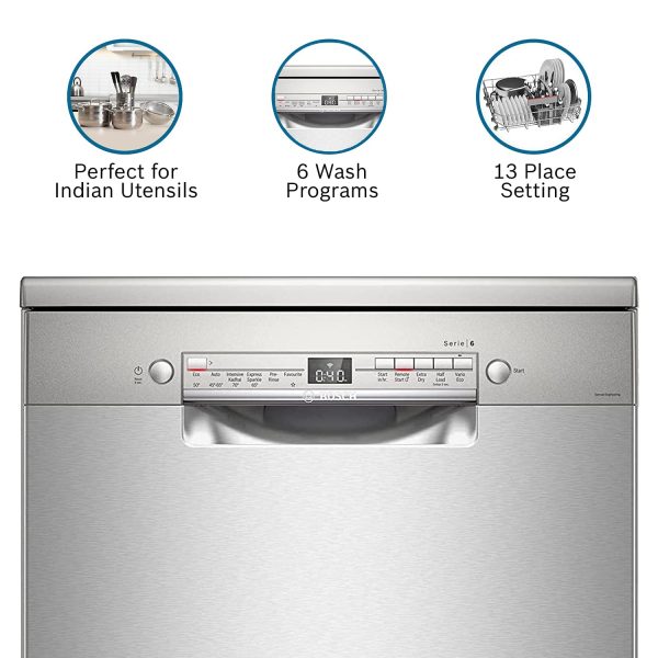 Bosch SMS6ITI, 13 Place IOT Enabled Freestanding Dishwasher with 3 Stage Rackmatic Design, Silver