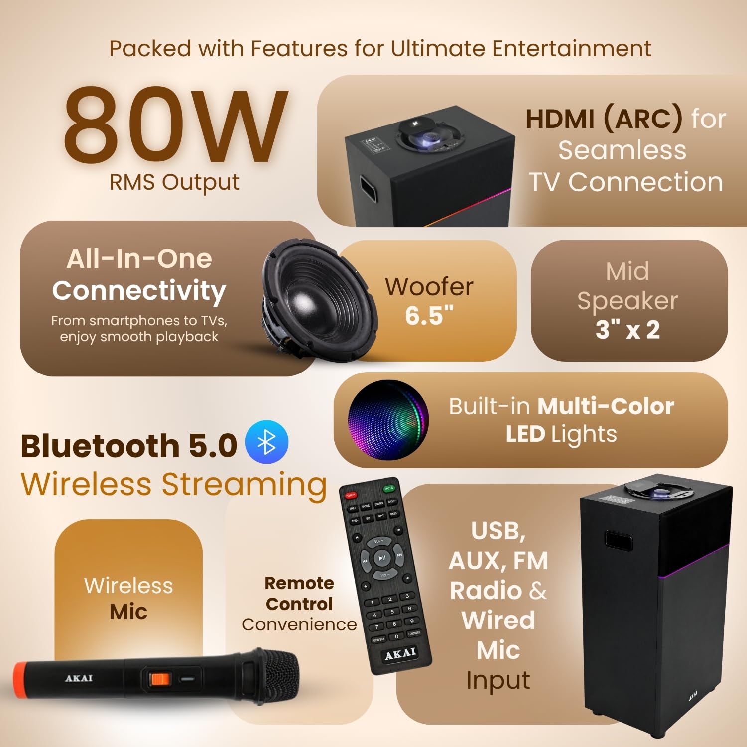 Akai 80 Watt Bluetooth Party Speaker with Wireless Mic and Multi-Color LED Light, Black, PM80B Akai 80 Watt Bluetooth Party Speaker with Wireless Mic and Multi-Color LED Light, Black, PM80B