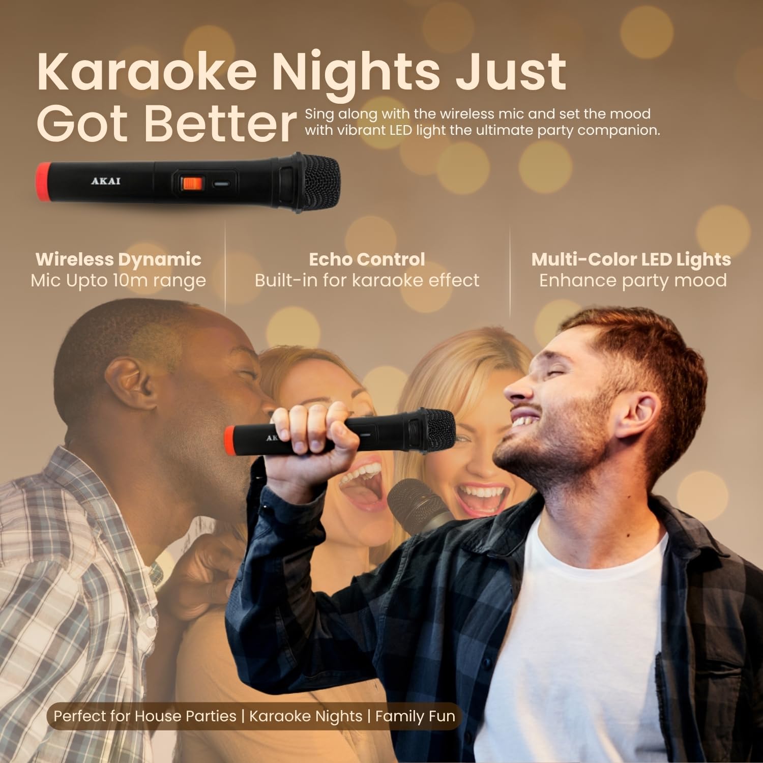 Akai 80 Watt Bluetooth Party Speaker with Wireless Mic and Multi-Color LED Light, Black, PM80B Akai 80 Watt Bluetooth Party Speaker with Wireless Mic and Multi-Color LED Light, Black, PM80B