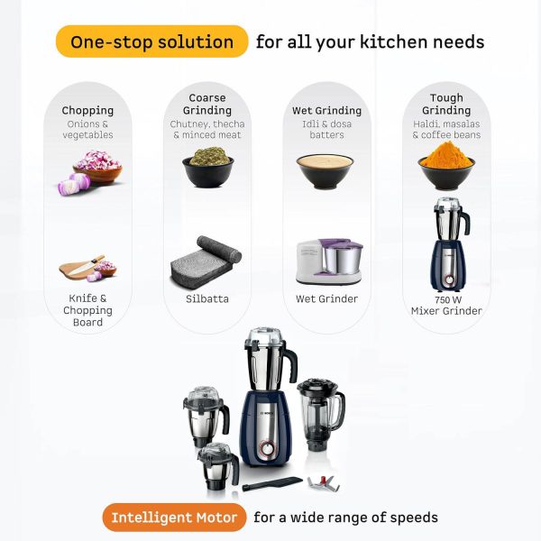 Bosch MGM6642DIN, 750 Watts 4 Jar Mixer Grinder with Stone Pounding Technology, Dark Blue