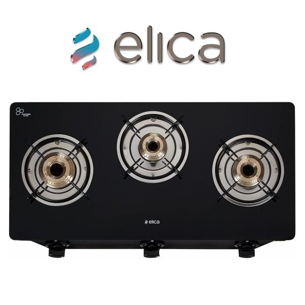 Elica 3 Burner Cooktop with 1 Jumbo Burner and Tempered Glass, Black, CT VETRO 370J
