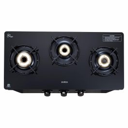 Elica Crest 370J Nero, 3 Burner Stove with Crown Pan Support and Forged Brass Burner, Black
