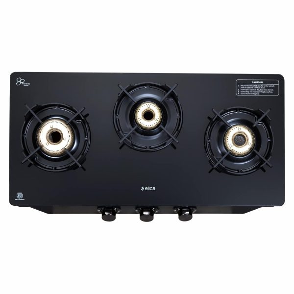 Elica Crest 370J Nero, 3 Burner Stove with Crown Pan Support and Forged Brass Burner, Black