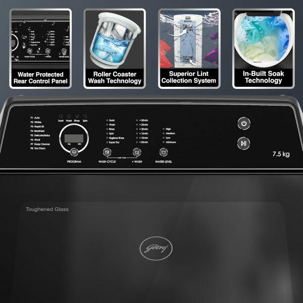 Godrej WT Eon 75, 7.5 KG Fully Automatic Top Load Machine with Zero Pressure Technology and 26 Wash Program, Black