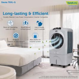 Symphony 70 Liter Desert Air Cooler with Honeycomb Pad and Powerful Fan, Grey, SIESTA 70XL