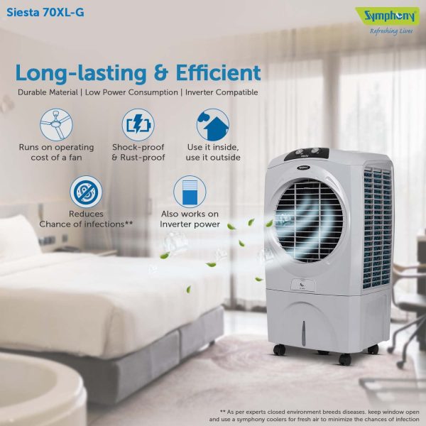 Symphony 70 Liter Desert Air Cooler with Honeycomb Pad and Powerful Fan, Grey, SIESTA 70XL