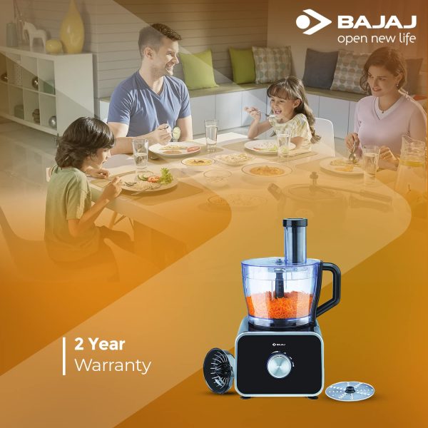 Bajaj FX-1000 Dlx, 1000 Watts Food Processor And Mixer Grinder With 9 Attachments, 100% Copper Motor, Processing Bowl With 3 Jars, Safety Interlock, Black