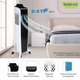 Symphony 55 Liter Tower Air Cooler with 3 Side Honeycomb Pad, Auto Pop-Up Touchscreen and Magnetic Remote, White/Black, DIET 3D 55I