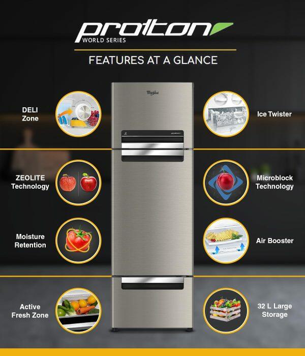 Whirlpool FP 263 Protton Roy, 215 Litre 3 Door Refrigerator with Zeolite Technology and 32 Litre Vegetable Storage, Alpha STEEL