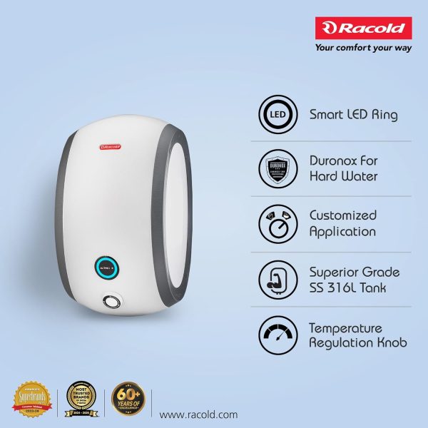 Racold Altroi+, 5 Star 6 Litre 6.5 Pressure Bar 3000 W Instant Water Heater with Smart LED ring, Installation Pipe and Electric Plug, White