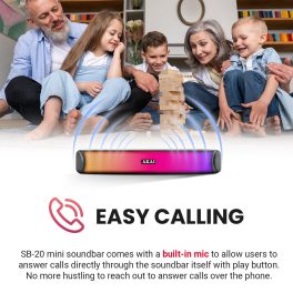 AKAI SB-20, 20 Watt Bluetooth Stereo Soundbar with Multicolour LED Light, Supporting BT V5.0, USB, SD Card, AUX, FM and 2000mAh Inbuilt Battery, Black