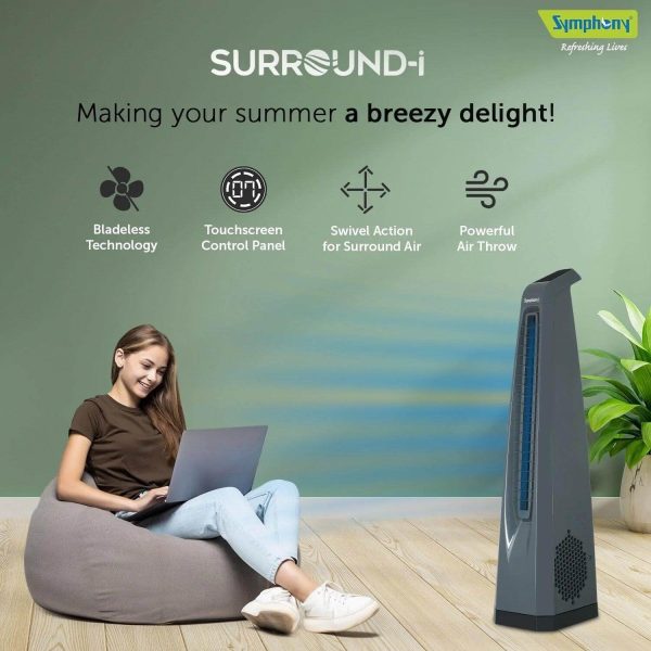 Symphony Tower Fan with Remote, Touchscreen Control Panel & Swivel Action, Grey, Surround-I