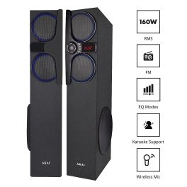Akai TS-160, 160 Watts Wireless Bluetooth Dual Tower Speaker with Wireless Mic, Black