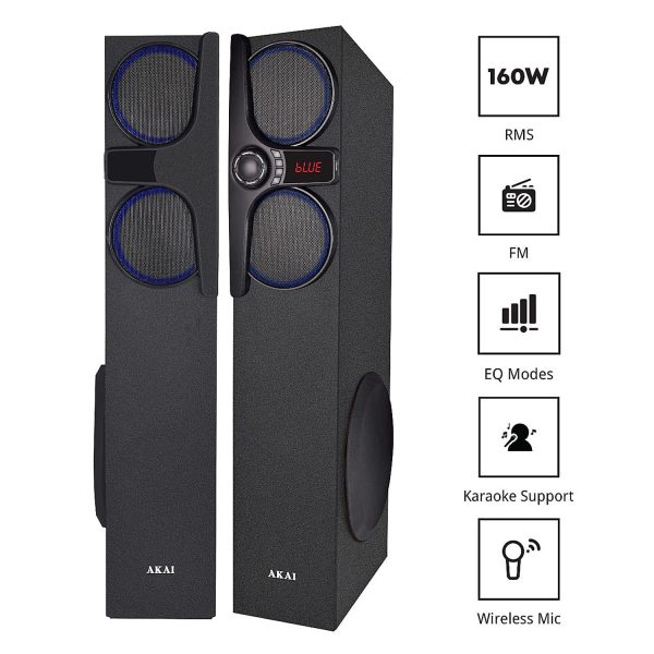 Akai TS-160, 160 Watts Wireless Bluetooth Dual Tower Speaker with Wireless Mic, Black