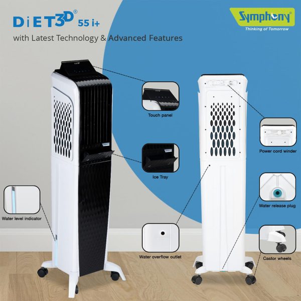 Symphony 55 Liter Tower Air Cooler with 3 Side Honeycomb Pad, Auto Pop-Up Touchscreen and Magnetic Remote, White/Black, DIET 3D 55I