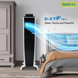 Symphony 55 Liter Tower Air Cooler with 3 Side Honeycomb Pad, Auto Pop-Up Touchscreen and Magnetic Remote, White/Black, DIET 3D 55I