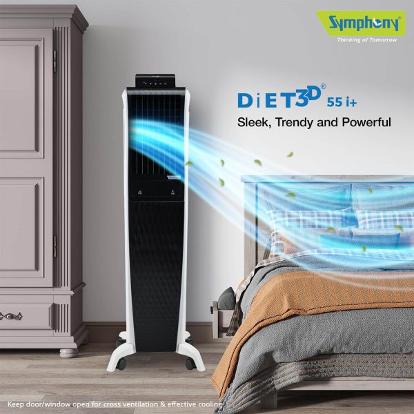 Symphony 55 Liter Tower Air Cooler with 3 Side Honeycomb Pad, Auto Pop-Up Touchscreen and Magnetic Remote, White/Black, DIET 3D 55I