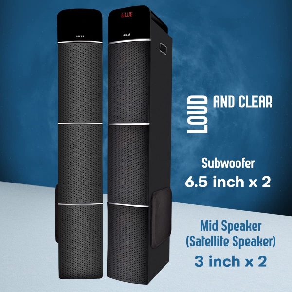 Akai TS-90, 90 Watts Wireless Bluetooth Dual Tower Speaker with Wireless Mic, Black