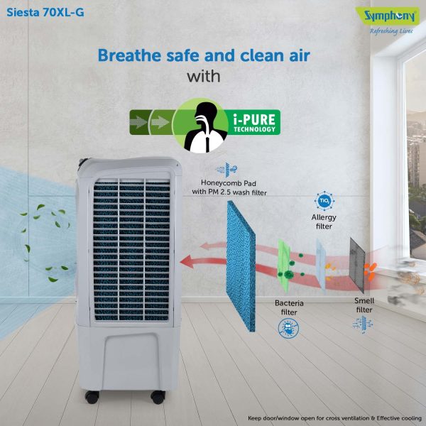 Symphony 70 Liter Desert Air Cooler with Honeycomb Pad and Powerful Fan, Grey, SIESTA 70XL