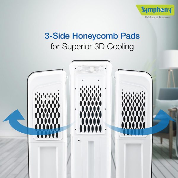 Symphony 55 Liter Tower Air Cooler with 3 Side Honeycomb Pad, Auto Pop-Up Touchscreen and Magnetic Remote, White/Black, DIET 3D 55I