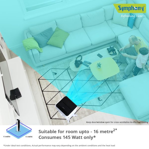 Symphony 55 Liter Tower Air Cooler with 3 Side Honeycomb Pad, Auto Pop-Up Touchscreen and Magnetic Remote, White/Black, DIET 3D 55I