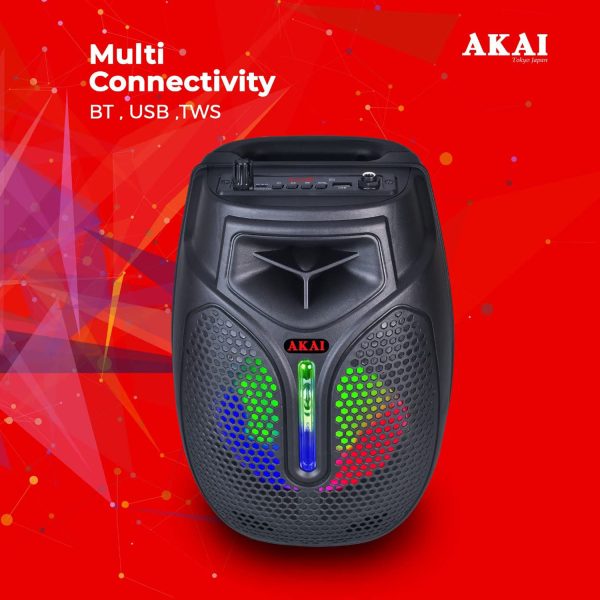 Akai PM20P, 20 Watts Portable Party Speaker with 4000 mAh Battery and Karoke Mic, Black