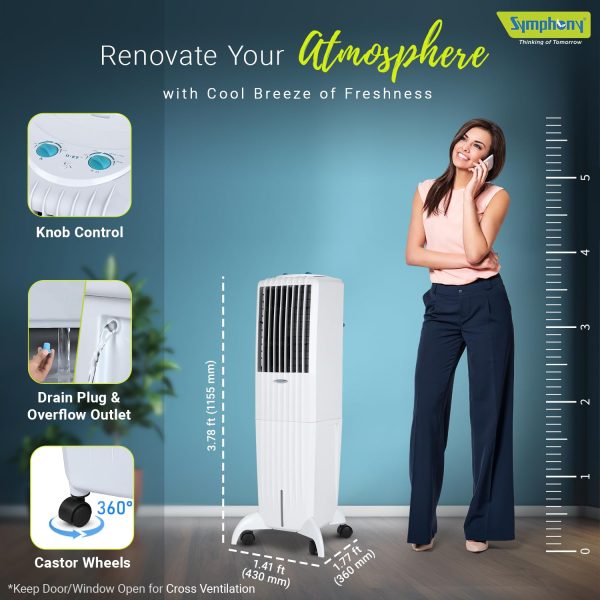 Symphony 35 Liter Tower Air Cooler with Honeycomb Pad and Powerful Blower, White, DIET 35T