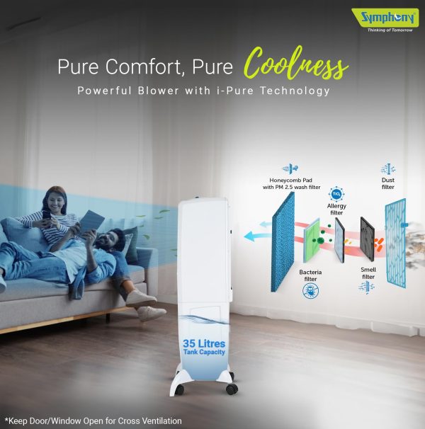 Symphony 35 Liter Tower Air Cooler with Honeycomb Pad and Powerful Blower, White, DIET 35T