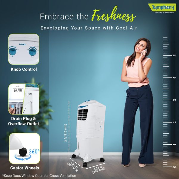 Symphony 31 Liter Personal Air Cooler with Honeycomb Pad & Blower, White, HICOOL 31T