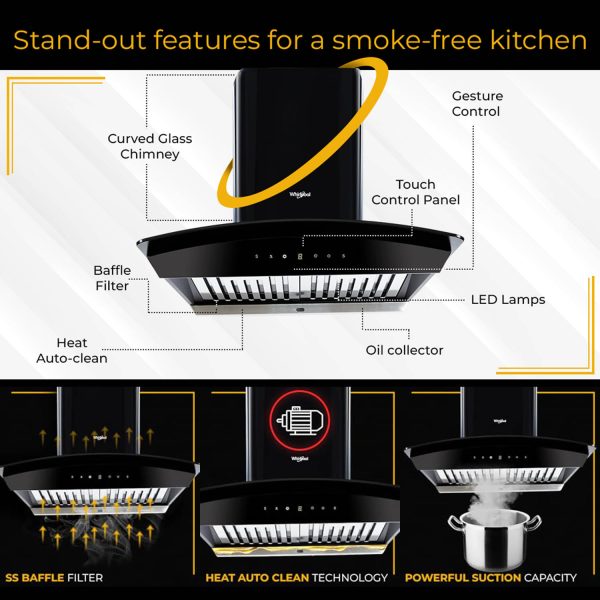 Whirlpool CG 601 HAC Hood, 60 CM Chimney with Baffle Filter, Touch Control and Auto Clean, Black