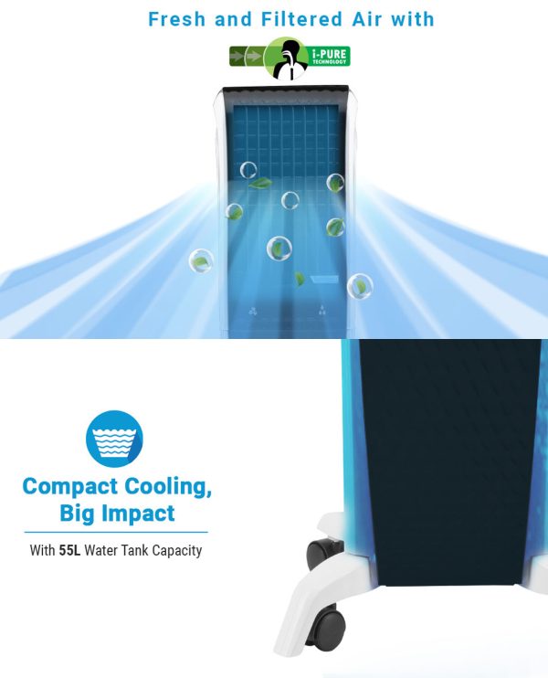Symphony 55 Liter Tower Air Cooler with 3 Side Honeycomb Pad, Auto Pop-Up Touchscreen and Magnetic Remote, White/Black, DIET 3D 55I