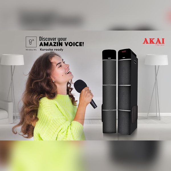 Akai TS-90, 90 Watts Wireless Bluetooth Dual Tower Speaker with Wireless Mic, Black