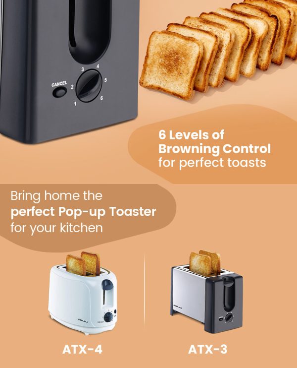 Bajaj 2 Slice Automatic Pop-Up Toasted with Dust Cover and Slide Out Crumb Tray, Silver/Black, ATX-3