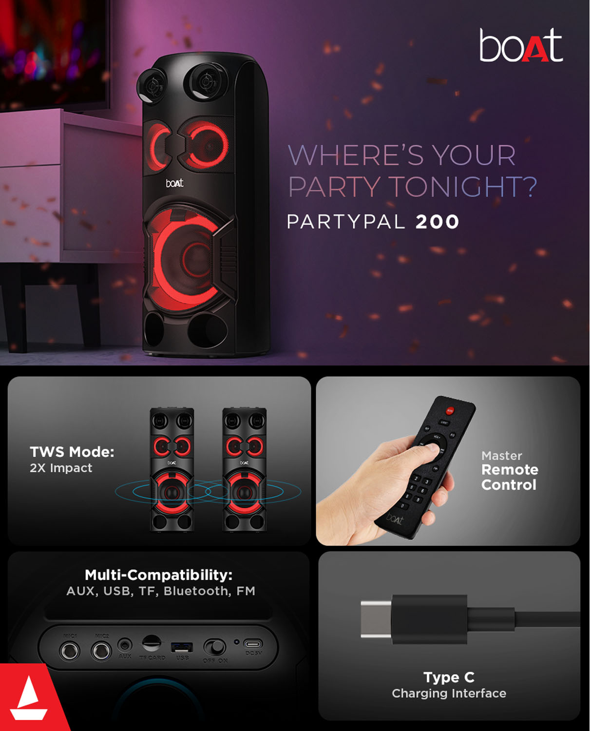 boAt 70Watts Party Speaker with 7 Hours of Battery Backup, Black, Partypal 208 boAt 70Watts Party Speaker with 7 Hours of Battery Backup, Black, Partypal 208