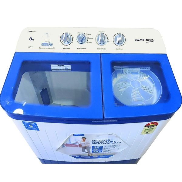 Voltas Beko WTT80DBLG, 8 KG Semi Automatic Machine with Cascade Waterfall System and IPX4 Control, Blue