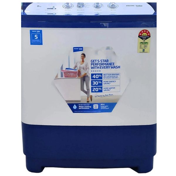 Voltas Beko WTT80DBLG, 8 KG Semi Automatic Machine with Cascade Waterfall System and IPX4 Control, Blue