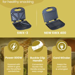 Bajaj 2 Slice Grill Sandwich Maker with Non Sticky Coated Plates with Buckle Clip Lock, Black, SWX-4