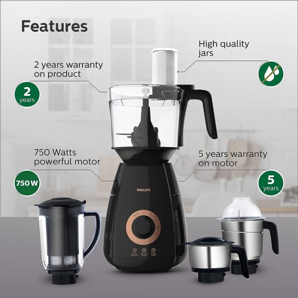 PHILIPS 750W Mixer Grinder with 4 Jars (HL7707/00, Black )