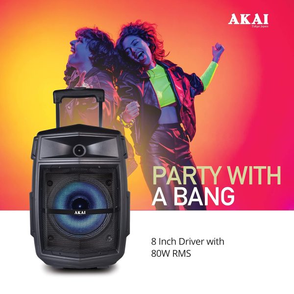 Akai PM-80T, 80 Watts Bluetooth Trolley PartySpeaker with 6 Hours Battery Backup and Wireless Mic, Black