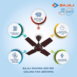 Bajaj 600MM (24Inch) Ceiling Fan with 870 RPM and Rust Free Powder Coated Finish, Brown, MAXIMA