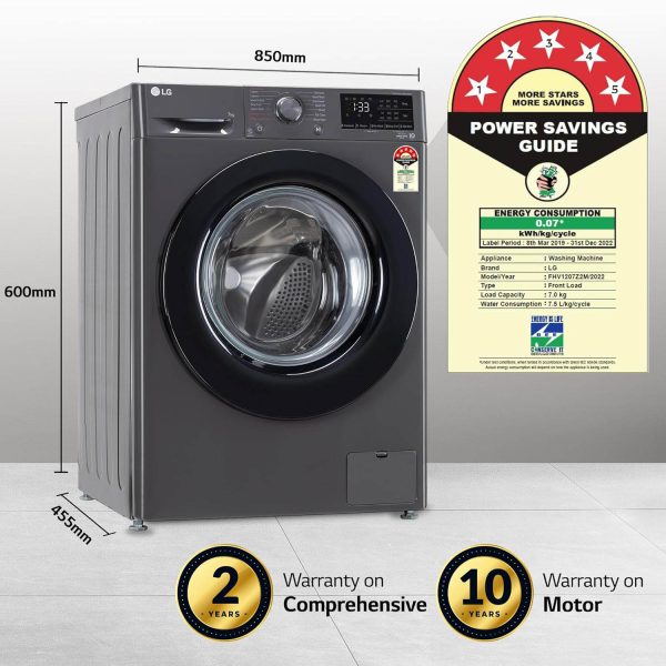 LG FHV1207Z2M, 7 KG 1200 RPM Front Load with AI 6 Motion Direct Drive and Steam, Black