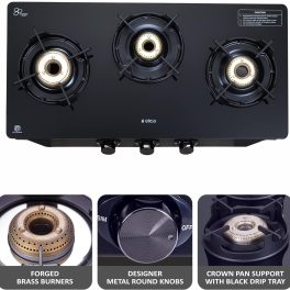 Elica Crest 370J Nero, 3 Burner Stove with Crown Pan Support and Forged Brass Burner, Black