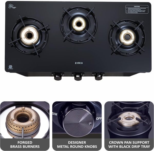 Elica Crest 370J Nero, 3 Burner Stove with Crown Pan Support and Forged Brass Burner, Black