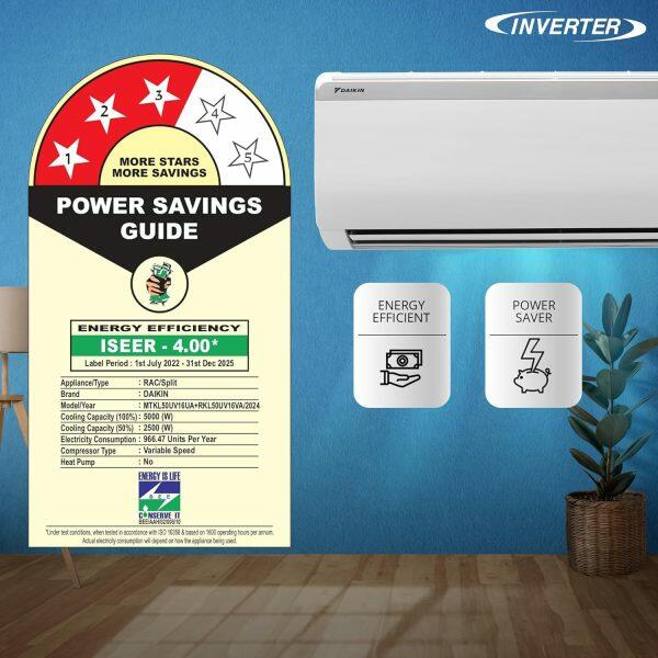 Daikin FTKL60UV 1.8 Ton 3 Star Inverter Split AC with 4 Way Swing and PM 2.5 Filter, White