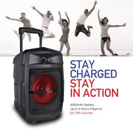 Akai PM-80T, 80 Watts Bluetooth Trolley PartySpeaker with 6 Hours Battery Backup and Wireless Mic, Black